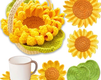Handmade Coasters 5PCS Crochet Sunflower | Decorative Coasters | Flower Basket Coasters | Crochet Flowers | House Warning Gift