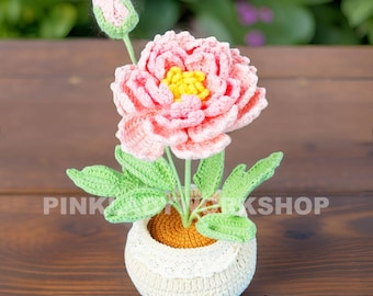 Handmade Crochet Peony Flower Pot: Cotton Yarn Home Decor