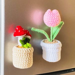 Könnte beinhalten: Zwei gehäkelte Pflanzenmagnete. Einer zeigt rot-weiße Pilze in einem beigefarbenen Topf. Der andere ist eine rosa Tulpe in einem weißen Topf. Beide befinden sich auf einer silbernen Oberfläche.