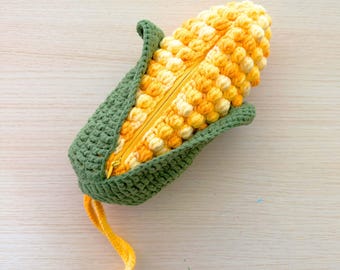 Handmade Crochet Corn Pencil Case | Crossbody Purse | Cute Veggie Zipper Pouch