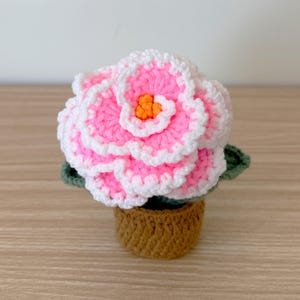 May include: A handcrafted crochet flower in a small pot. The flower features pink petals with white edges and an orange centre. The pot is brown, and green leaves are visible beneath the flower. The craftwork is displayed on a wooden surface.