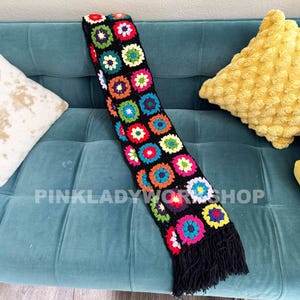 Handmade Crochet Granny Square Scarf: Colorful Winter Fashion Black