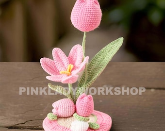 Handmade Crochet Tulip Phone Holder | Pink Phone Stand | Home Decor | Desk Center Piece | Graduation | Birthday | Mother&#39;s Day