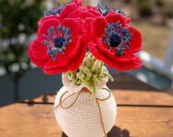 Handmade Crochet Yarn Poppy Bouquet | Home Decor