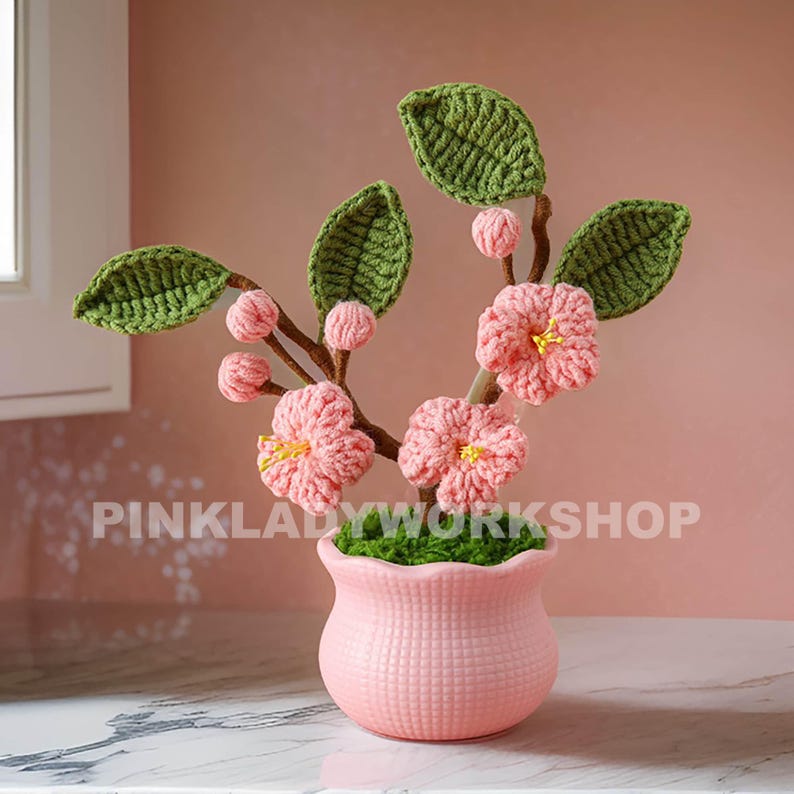 Crochet Sakura Flower Pot: Handmade Japanese Floral Decor Pink Sakura