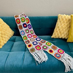 Handmade Crochet Granny Square Scarf: Colorful Winter Fashion White
