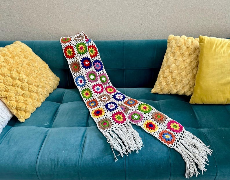 Handmade Crochet Granny Square Scarf: Colorful Winter Fashion White