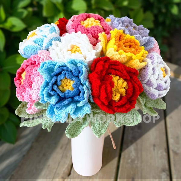 Handmade Crochet Cotton Peony Flower Stems | Bouquet Arrangement