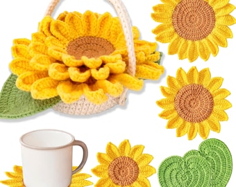 Handmade Coasters 5PCS Crochet Sunflower | Decorative Coasters | Flower Basket Coasters | Crochet Flowers | House Warning Gift