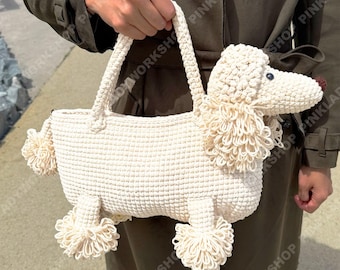 Crochet Poodle Dog Bag | Handmade Puppy Handbag | Real Leather Handle | Cute Animal Purse | Unique Statement Tote
