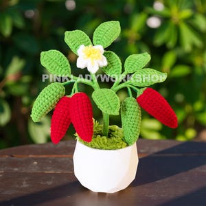 Puede incluir: Una planta de ganchillo hecha a mano con chiles rojos, hojas verdes y una flor blanca. La planta está en una maceta geométrica blanca llena de musgo verde. El texto "PINKLADYWORKSHOP" es visible.