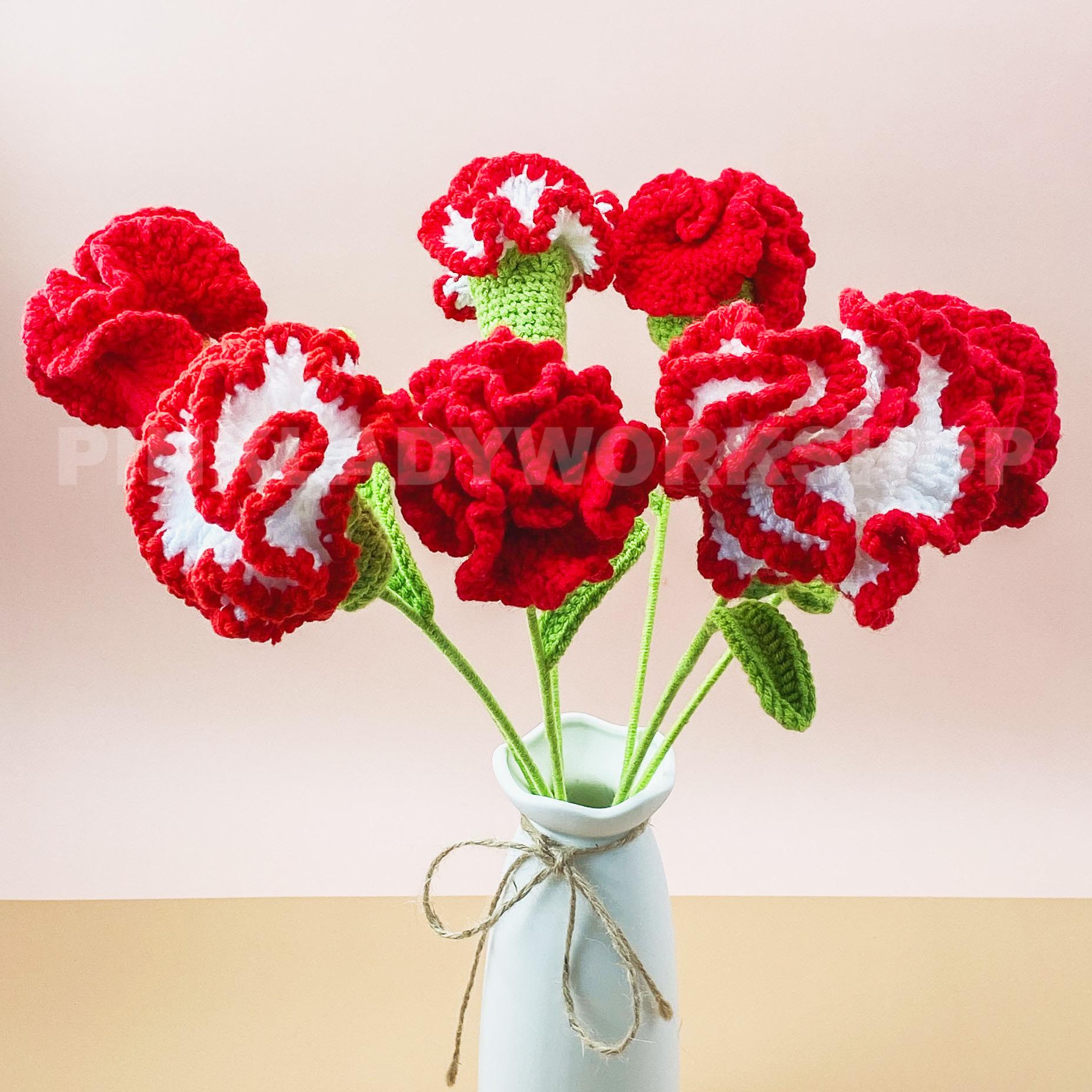 手作りかぎ針編みのカーネーションの花の茎｜コットンヤーンブーケ