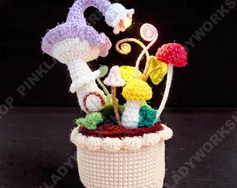 Crochet Mushroom Night Light | Fairy Garden Lamp | Handmade Woodland Decor | LED Glow Mushroom | Whimsical Desk Light | Cottagecore Gift