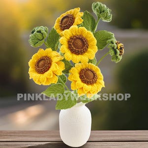 手編みひまわりブーケ（花瓶付き）：装飾用毛糸の花 - Etsy 日本