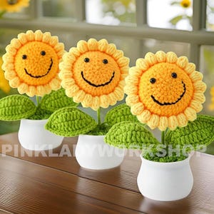 Maceta de girasol tejida a crochet hecha a mano: Decoración del hogar