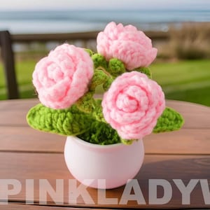 Handmade Crochet Pink Rose | Yarn Flower Pot Decor
