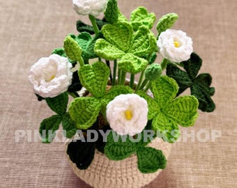 Handmade Crochet Clover Flower Pot Plant: St Patrick's Day Decor