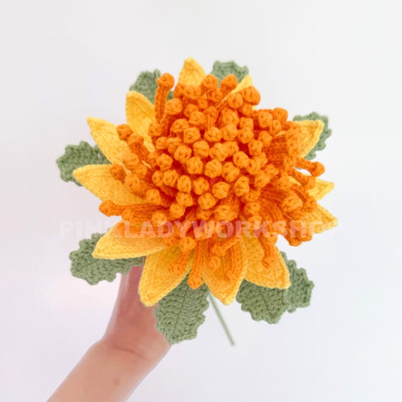 Handmade Crochet Chrysanthemum Stem (no vase): Fall Floral Decor, Yarn Flower