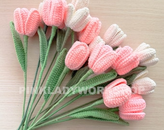 Handgemachte gehäkelte Tulpen Blumenstängel (ohne Vase) | Rosa | Blumenstrauß | Geschenk für Mama Freundin Lehrer | Kunstpflanze | Blumengesteck
