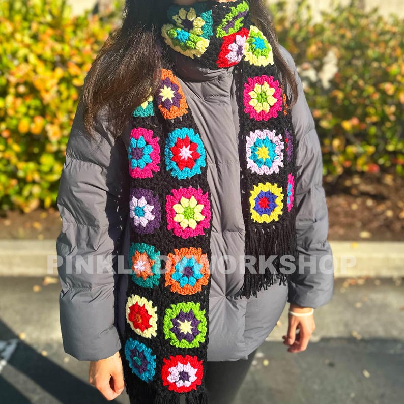 Handmade Crochet Granny Square Scarf: Colorful Winter Fashion image 2