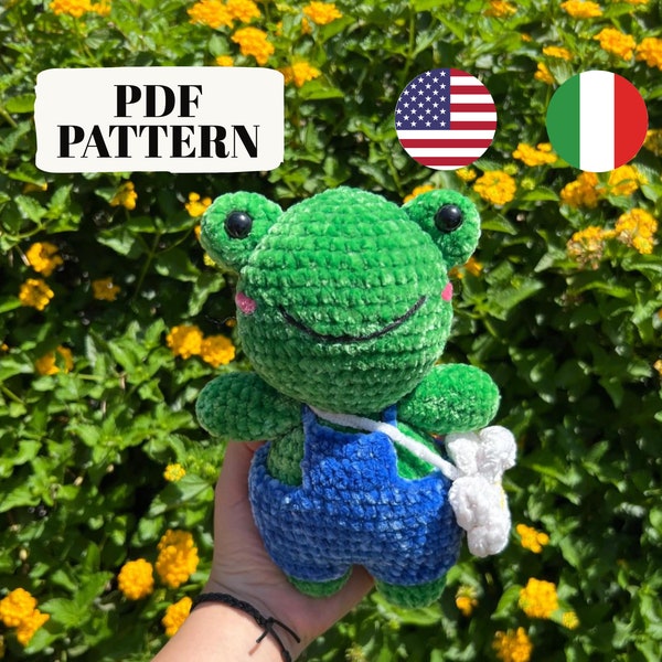 Frog in overalls crochet pattern PDF amigurumi schema uncinetto rana