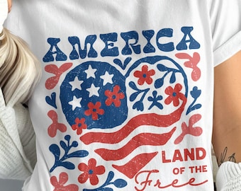 Retro America Land of the Free PNG, Groovy Patriotic 4th of July SVG, Vintage Floral USA Flag, (Digital Download)
