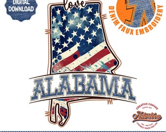 Alabama State Shape PNG | Denim Faux Embroidery | US Flag PNG | Doodle College Font | Sublimation Design png, Vintage Alabama Clipart