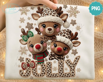 Chunky Yarn Jolly Reindeer PNG, Leopard Christmas Deer Clipart, Preppy Coquette Bow Holiday Design, Digital Download