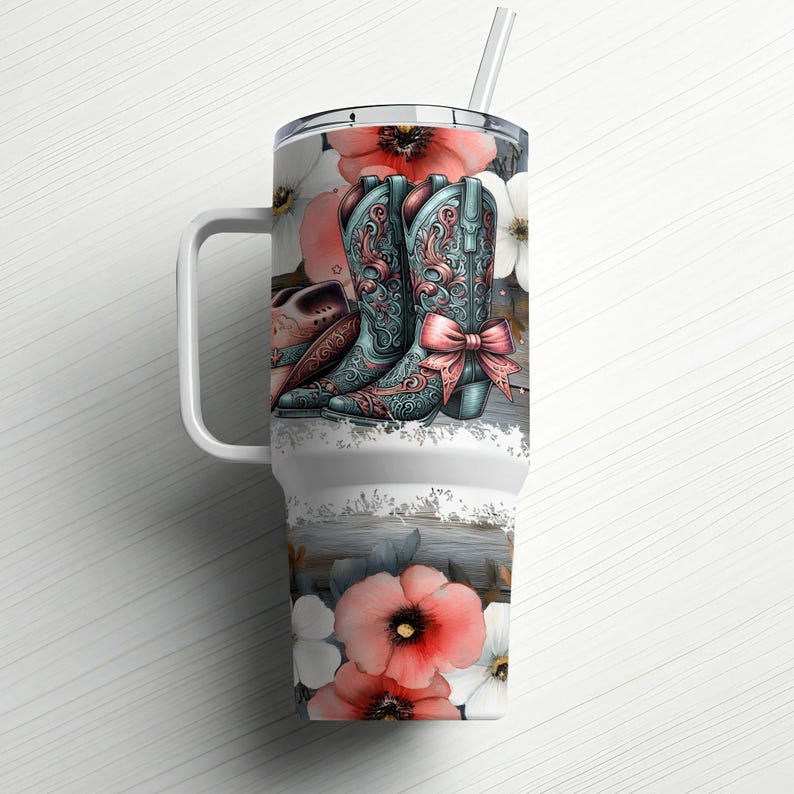 Floral Western Cowboy Boots and Hat PNG, 40oz Tumbler Wrap Seamless ...