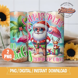 Letnie wibracje Boże Narodzenie w lipcu PNG, kubek sublimacyjny, tropikalne Boże Narodzenie PNG, letni Mikołaj Png, 20-uncjowy kubek Wrap, 20-uncjowy chudy kubek