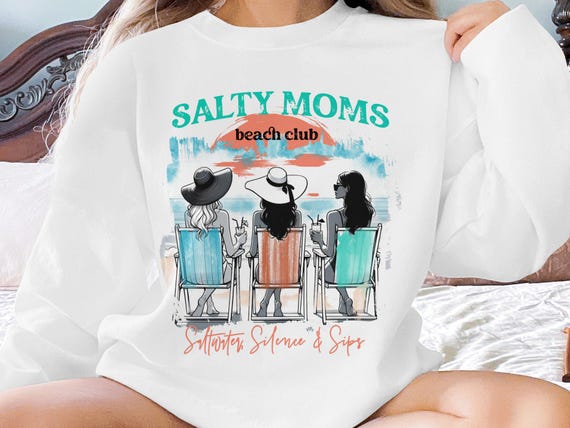 Salty Moms Beach Club Sublimation T-Shirt PNG, Beach Lovers Digital Download, Sunkissed Silence Sips Design, Summer Vibes Tee Art