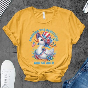 Patriotic Duck T-Shirt, America the Beautiful, Cute Animal Graphic Tee, Yellow Casual Top
