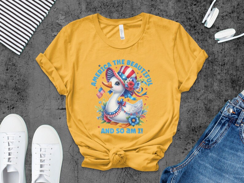 Patriotic Duck T-Shirt, America the Beautiful, Cute Animal Graphic Tee, Yellow Casual Top