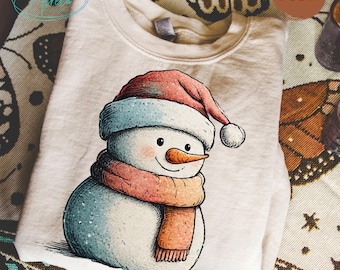 Vintage gezellige sneeuwpop kerst PNG, handgetekende winterillustratie voor sublimatie, pastel vakantieontwerp, digitale download