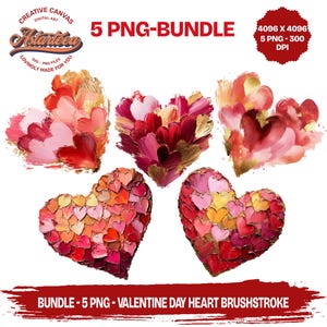 Valentines Day PNG Bundle, 5 Valentines Day Heart Brushstroke PNG, Coquette Valentine, Digital Download, Romantic Love Valentine Designs