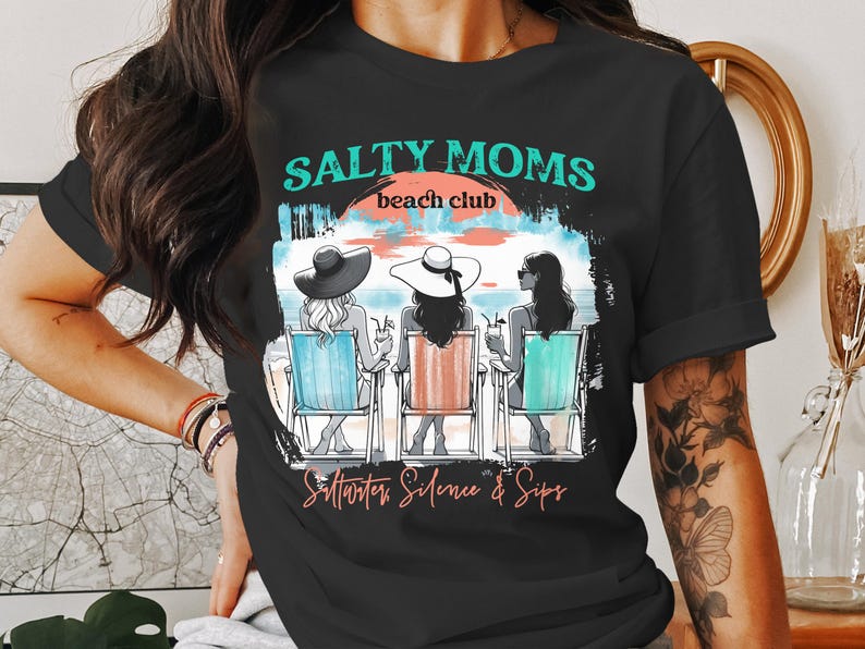 Salty Moms Beach Club T-Shirt, Southern Silence and Sips, Women's Vacation Graphic Tee, Summer Casual Top