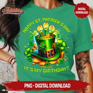 Birthday St. Patrick's Day Celebration PNG, Green Leprechaun's Hat, Shamrock, Gold Coins, Green Clovers, Digital Download