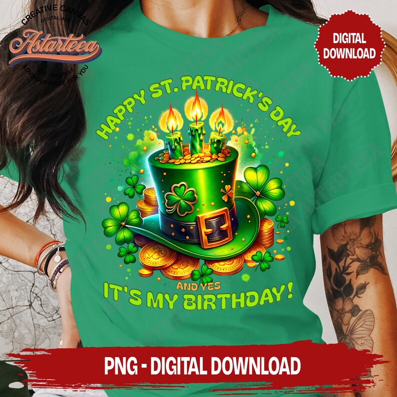 Birthday St. Patrick's Day Celebration PNG, Green Leprechaun's Hat, Shamrock, Gold Coins, Green Clovers, Digital Download
