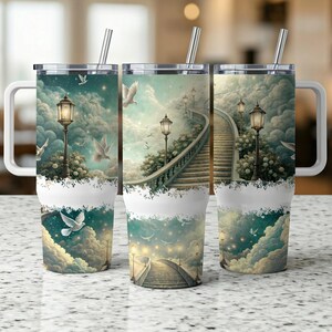 Heavenly Stairs 40oz Tumbler Wrap PNG Digital Download, Fantasy Sky Lanterns, Ethereal Clouds Design, Serene Dove Birds Illustration
