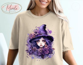 Imagen PNG de bruja mística en acuarela / Clip art de bebé niña de fantasía gótica (descarga digital)