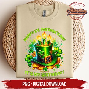 Birthday St. Patrick's Day Celebration PNG, Green Leprechaun's Hat, Shamrock, Gold Coins, Green Clovers, Digital Download