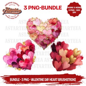 3 Valentines Day Heart Brushstroke PNG Bundle, Coquette Valentine, Digital Download, Romantic Love Valentine Designs