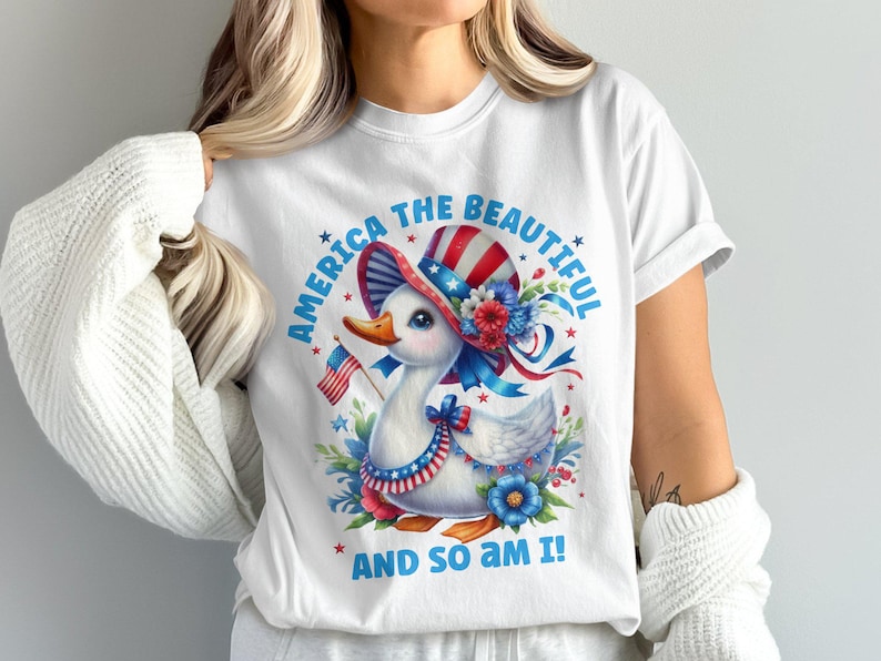 Patriotic Duck T-Shirt, America the Beautiful USA Flag Design, Women's Graphic Tee, Fourth of July Apparel