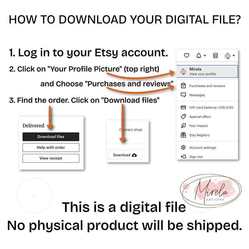 May include: A white graphic with instructions on how to download a digital file from Etsy. The text includes steps to log in, find the order, and download files. The image also states that no physical product will be shipped.