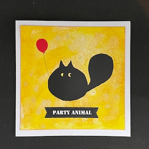 Fun Fluffy Round Black Cat Holding A Balloon With Gold Paw Prints, Party Animal Birthday Card With Options.