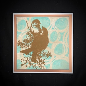 Two Beautiful Bronze Birds On A Patterned Background Greeting Card. Options For Birthday, Love You, Thank You, Sympathy Or Leave Blank.