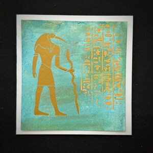 Vintage Golden Ancient Egyptian God Thoth, Versatile Greeting Card On A Textured Hieroglyph Background.