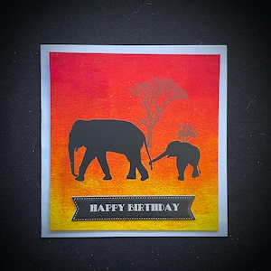 Silhouette Of A Mother Elephant And Calf Walking At Sunrise, Handmade Greeting Card.