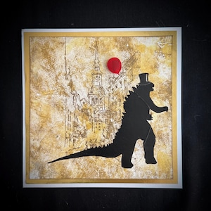 Godzilla In Europe Holding A Birthday Balloon Or Heart Handmade Greeting Card. Several Accessory Options Available.