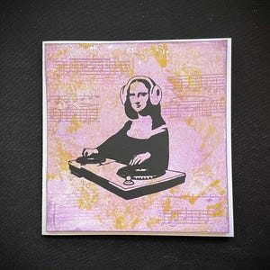 DJ Mona Lisa With A Music Stamped Gold And Purple Background Original Birthday Card. Leave Blank Or Select A Label.